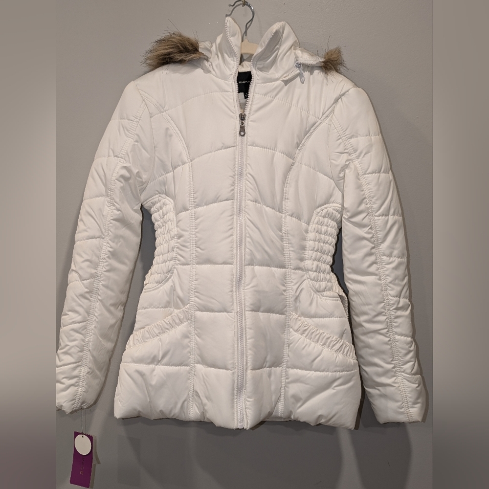Rampage white puffer coat with hood and belt